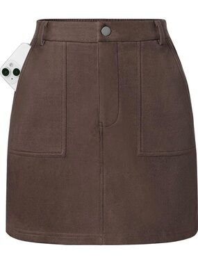 Kate Kasin Women Suede Mini Skirt, High Waisted Pencil Skirt with Pockets, Brown